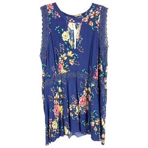 Wonderly Plus Size 2X Tank Top Blue Floral Lace Keyhole Sleeveless Peplum‎ 283